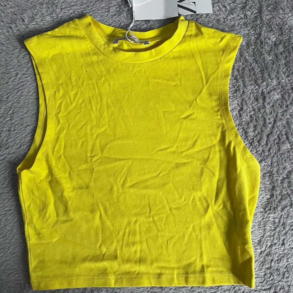 Zara Yellow Cropped Shoulderless tee